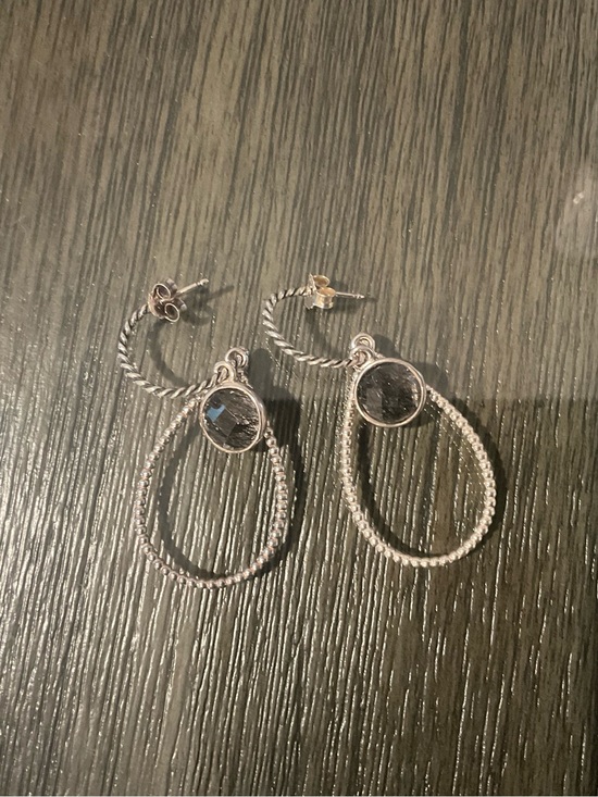 Pandora Jewelry - Pandora Sterling Silver Black Rutilated Quartz Hoop Earrings 925